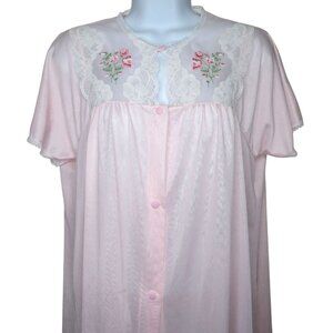 Vintage Sears Pink Nylon Pajama Top M Floral Embroidery Lace Detail Short Sleeve